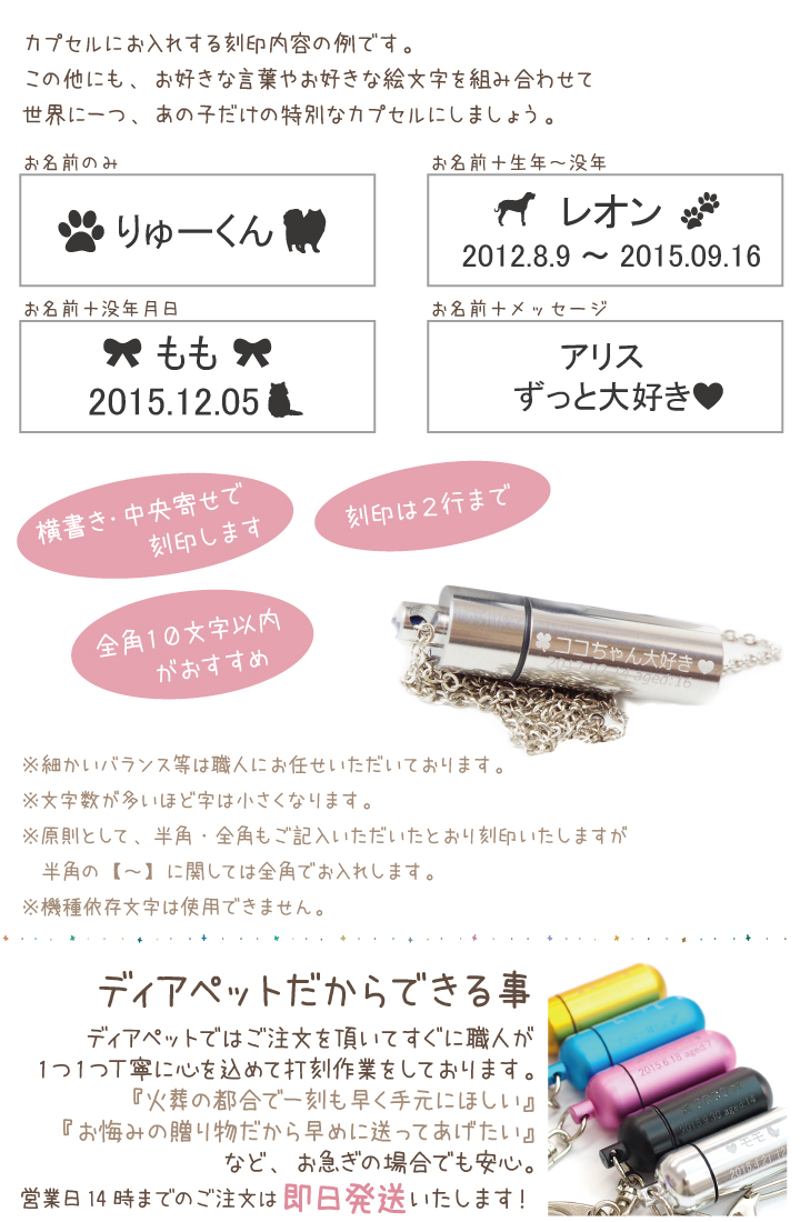 ペット遺骨カプセル 刻印のオーダー方法